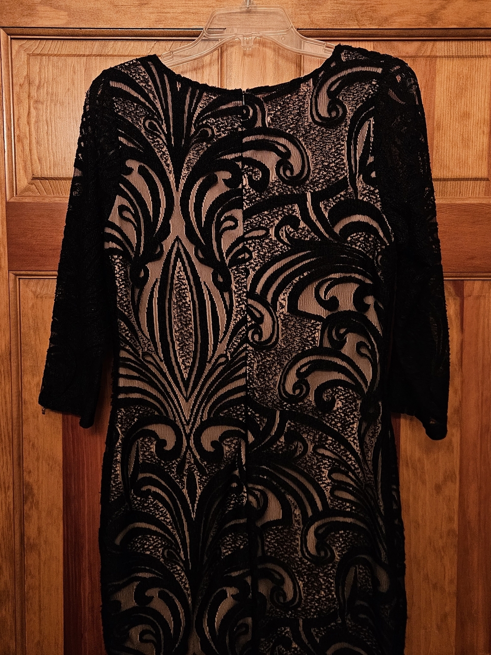 Warehouse Black Lace Overlay Sheath Dress with Nude Underlay - Picture 2 of 3